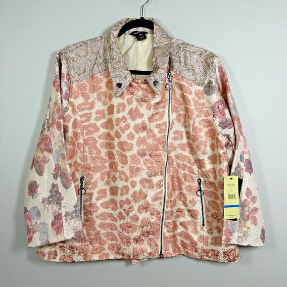 NWT Multiples‎ XLarge Ivory Pink Gold Metallic Floral Animal Zipper Moto Jacket - Picture 1 of 7